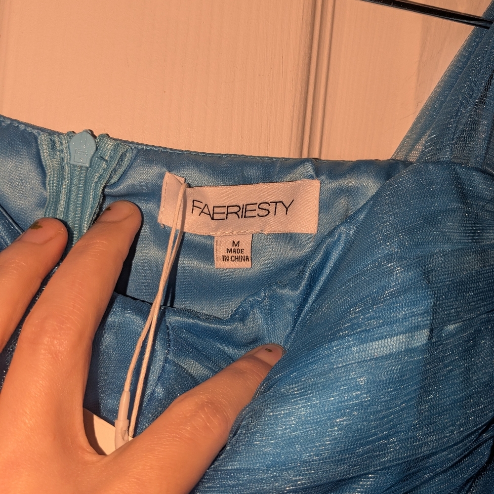 Tie Shoulder Ruffle Hem Mesh Maxi Dress In Color Blue. Size Medium.  $109 retail - Picture 8 of 10